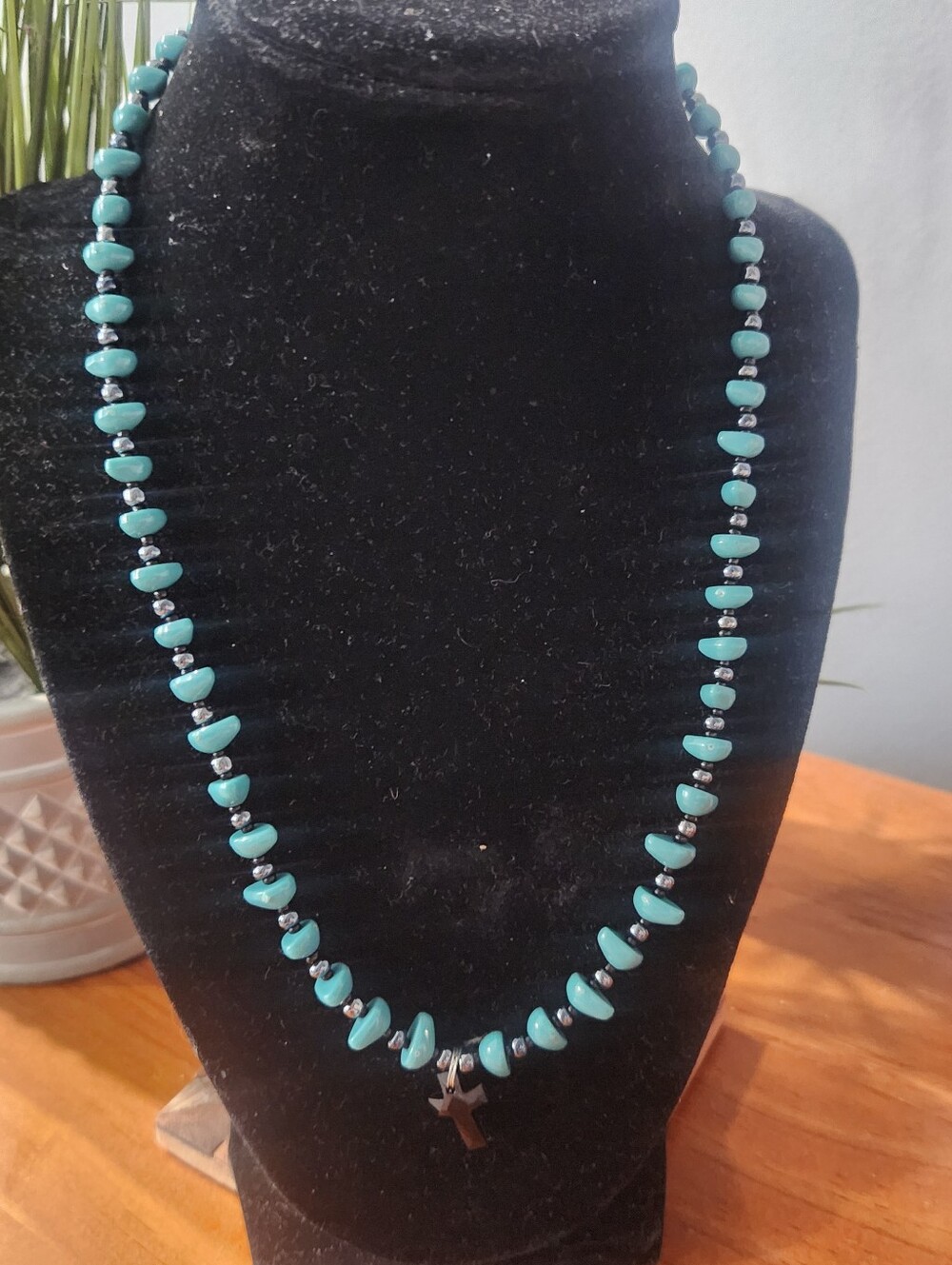 Turquoise With Metallic Beads And Pendant Cross
